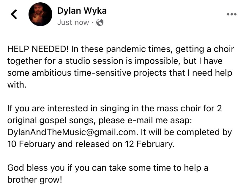 DylAndTheMusic's tweet image. E-mail me asap if you can help me out: DylanAndTheMusic@gmail.com. I've got little time to make big moves. 

#virtualchoir #musichelp #nycmusician #njmusician #gospelchoir #gospelalbum #demos