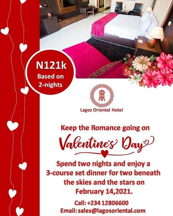 OrientalLagos's tweet photo. "To love and be loved is an ultimate happiness"... 
 Share that happiness to your loved ones on Valentine's day in a romantic package we put forward  for you ❤️
For enquiries:
Call: +23412806600
Email: reservation@lagosoriental.com
Sales@lagosoriental.com https://t.co/h1qT46iGh9