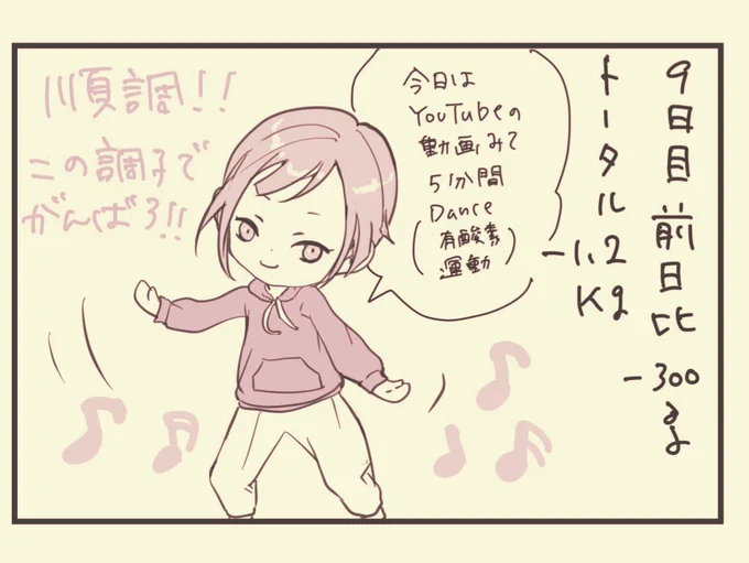 #絵日記 #えいりのダイエット記録 #コルクラボマンガ専科 #1日1絵

こんな程度の絵でも、毎日続けるとなると中々しんどかったりする。

こうして少しずつ継続力つける。これはダイエットと一緒。地味にコツコツやろ。

今日は何となく動きたくなり、ちょっとだけダンス。5分でも軽く筋肉痛になったよ! 