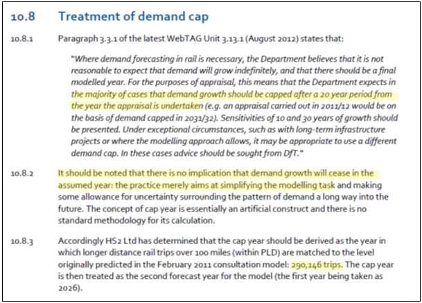 HS2 don’t publish the model but do a description and underlying assumptions. One change is DfT guidelines on modelling introducing an artificial demand growth cap in 2036. This is both different from aviation modelling and does not account for population growth.