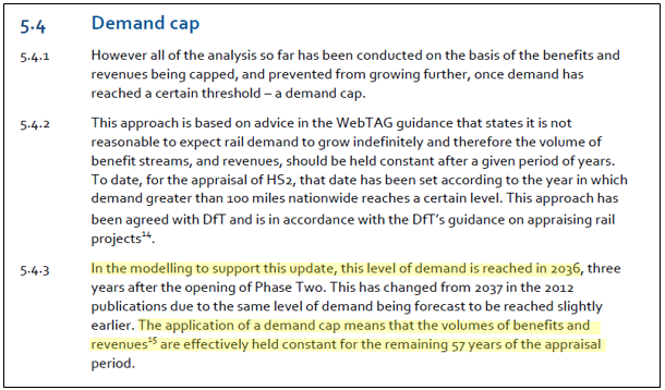 HS2 don’t publish the model but do a description and underlying assumptions. One change is DfT guidelines on modelling introducing an artificial demand growth cap in 2036. This is both different from aviation modelling and does not account for population growth.