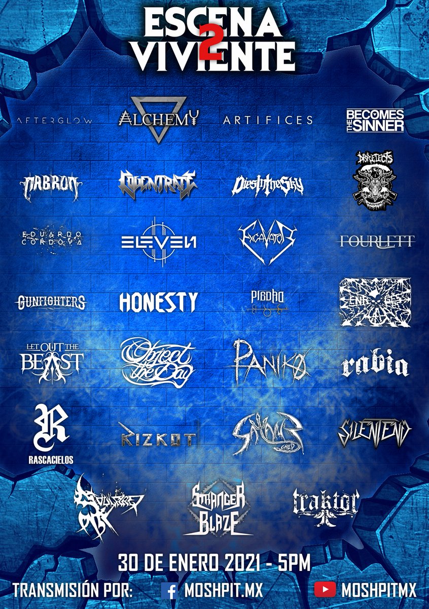 Hoy a las 5pm 1er bloque de  #ESCENAVIVIENTE2 por <a href="/moshpitmx/">Moshpit Mx</a>: <a href="/BecomesTheSinnr/">🔻💎 Becomes The Sinner 💎🔻</a>  <a href="/Cabron_latino/">cabron</a> <a href="/coventrate_mty/">Coventrate</a> <a href="/DiesInTheSky/">Dies In The Sky</a> <a href="/EduardoCordova_/">Eduardo Córdova</a> <a href="/Gunfightersmx/">Gunfighters</a> <a href="/LesEnrages/">Les Enragés</a> <a href="/LetOutTheBeast3/">Let Out The Beast</a> @ObjectTheDay <a href="/xStranger_Blaze/">Stranger Blaze</a> <a href="/traktormexico/">traktor</a> y mas bandas.