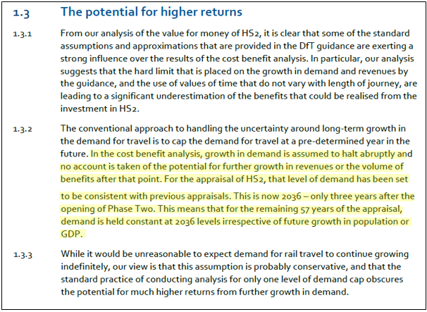 HS2 don’t publish the model but do a description and underlying assumptions. One change is DfT guidelines on modelling introducing an artificial demand growth cap in 2036. This is both different from aviation modelling and does not account for population growth.
