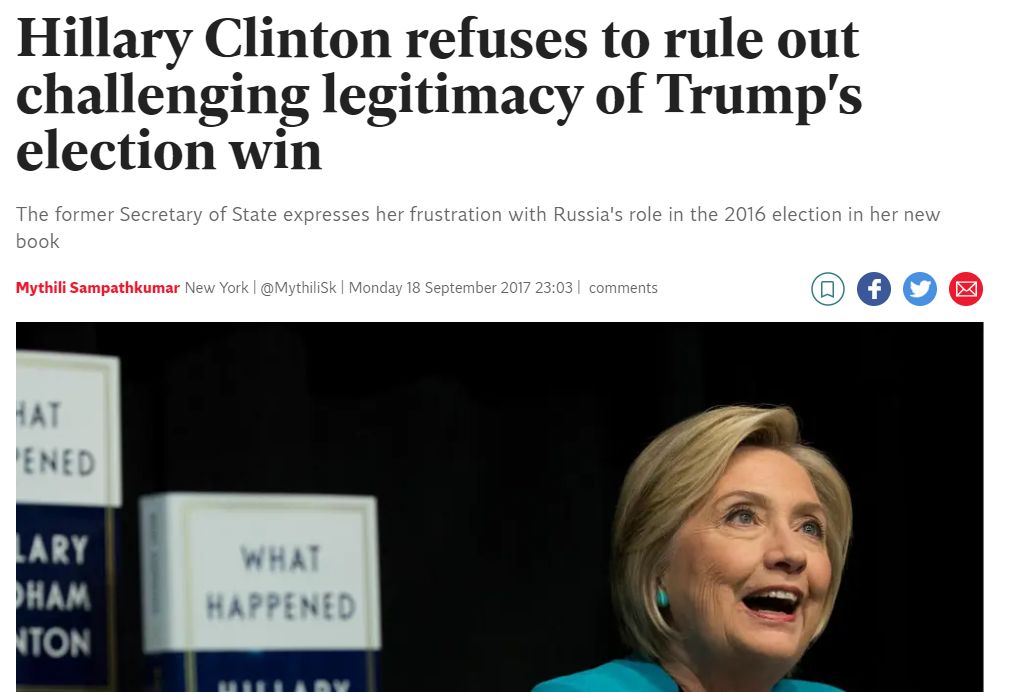 Flashback: Hillary Clinton disputed validity of 2016 election, called Trump"illegitimate president" & told Biden not to concede "under any circumstances." Dems also objected to 2016 Electoral College. This is the same thing U.S. media is losing their minds about "because Trump."