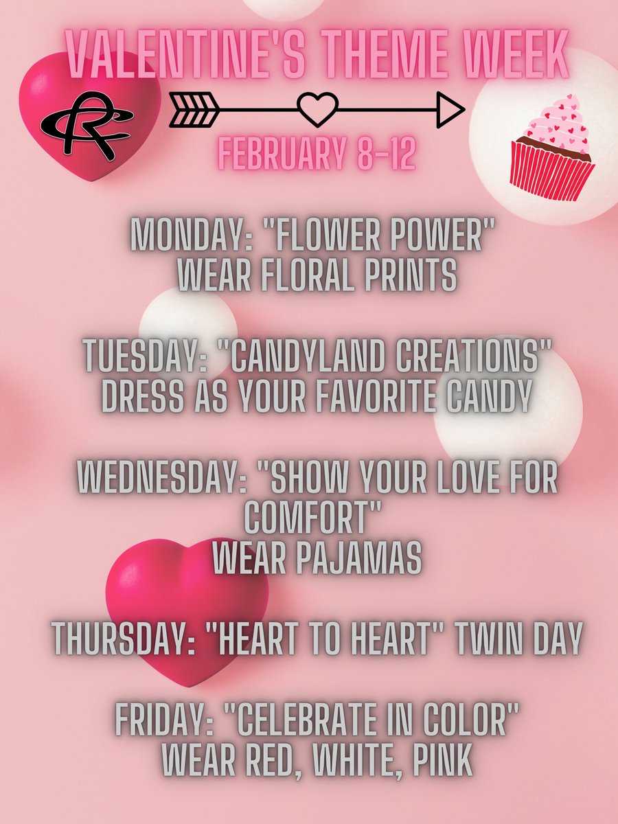 💗Love is in the air!💗 Start planning now for our upcoming theme week! We tried to mix it up with some days we have never done before! 💘💕💋💞💌🍬<a href="/RoyseCityHS/">Royse City HS</a>