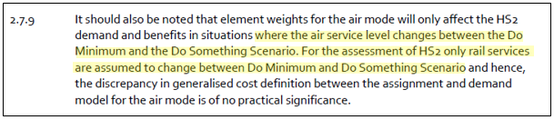 There are other bizarre assumptions: Weekend demand is not modelled (thus skewing effect of leisure flights, half the market), air passengers assumed to have a car (45% of Londoners do not) but the biggest assumption is no change to aviation demand from introduction of HS2.