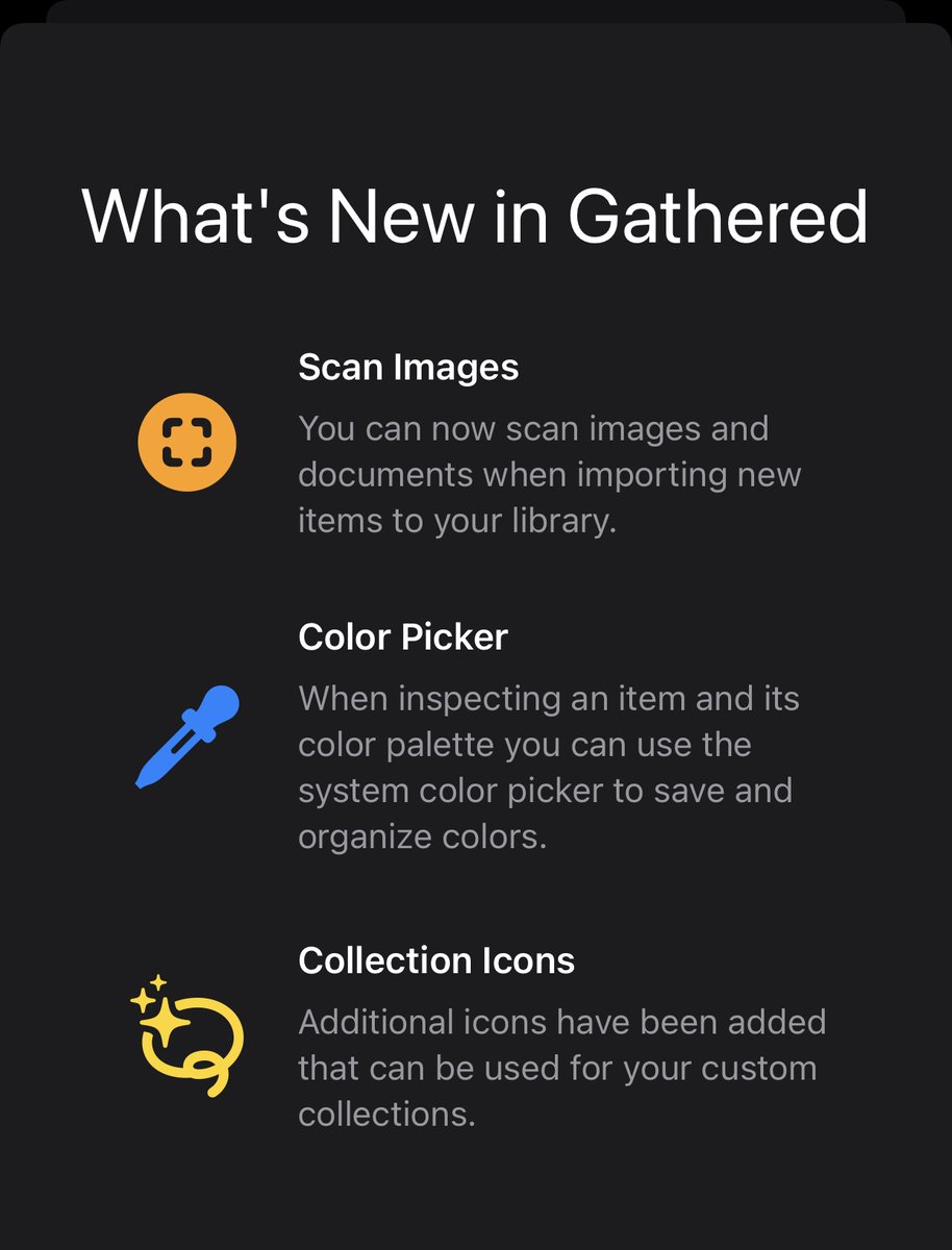 GatheredDesign's tweet image. Gathered 2.4 is out on iOS, iPadOS and macOS! ✨

Includes new image scanning tool, system color picker, new collection icons and more. 

apps.apple.com/us/app/gathere…