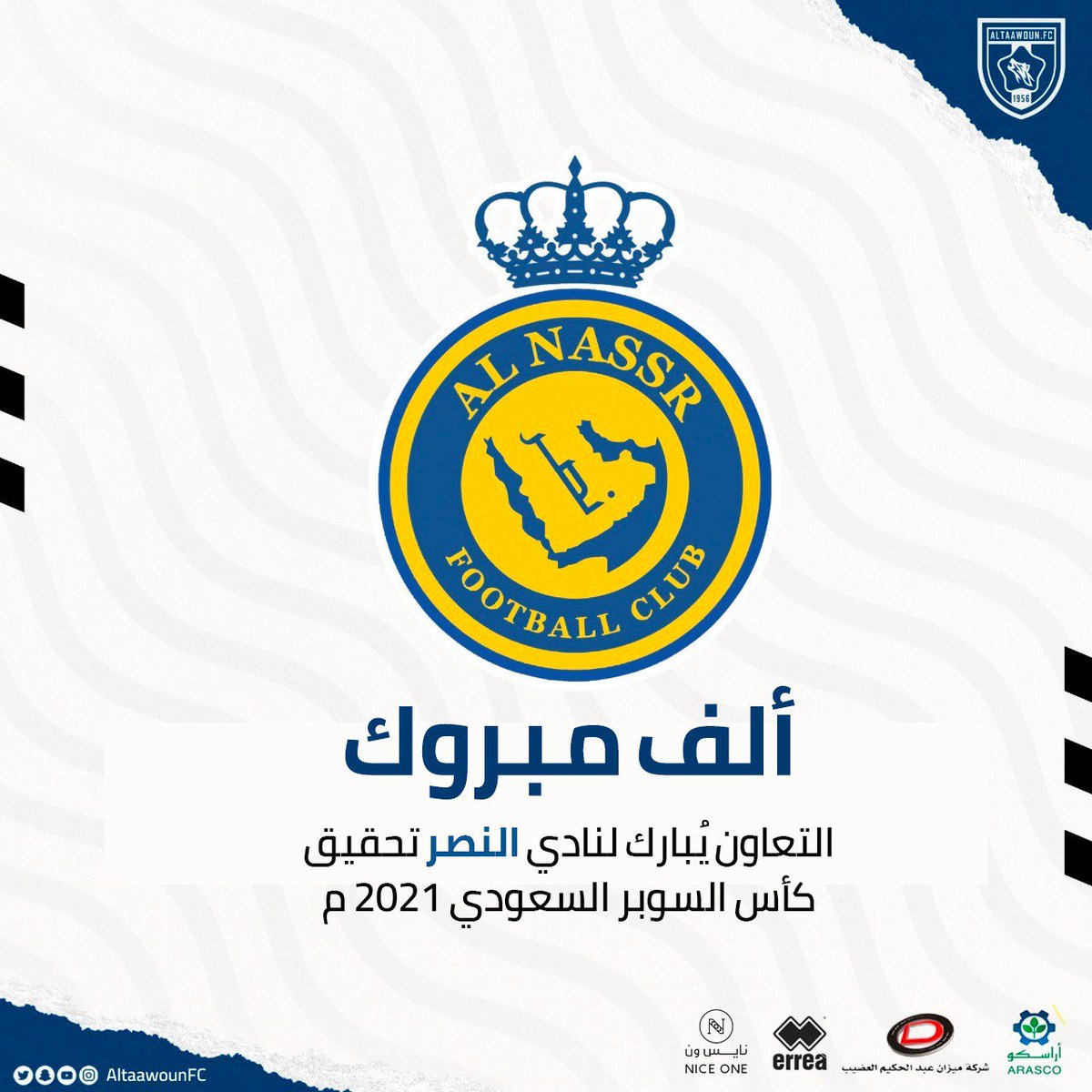 AltaawounFC's tweet photo. 📄 #التعاون يُبارك لنادي "النصر" تحقيق كأس 🏆 السوبر السعودي 2021 م https://t.co/wz0uyfhOTB