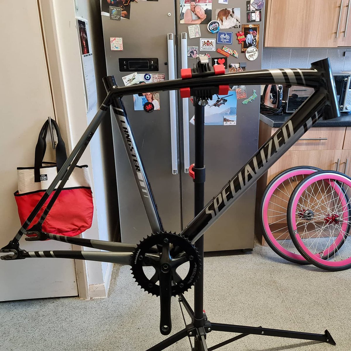 MichaelSnasdell's tweet photo. #ProjectLuigi paint, flat and polish phase is done. A spare time project. Now to choose the final components to finish the job off. @custompaintsinc Chromacoat Cyan on my Specialized Langster. Last picture is the starting point. Been a fun adventure and learning experience https://t.co/RUELO9a4fA