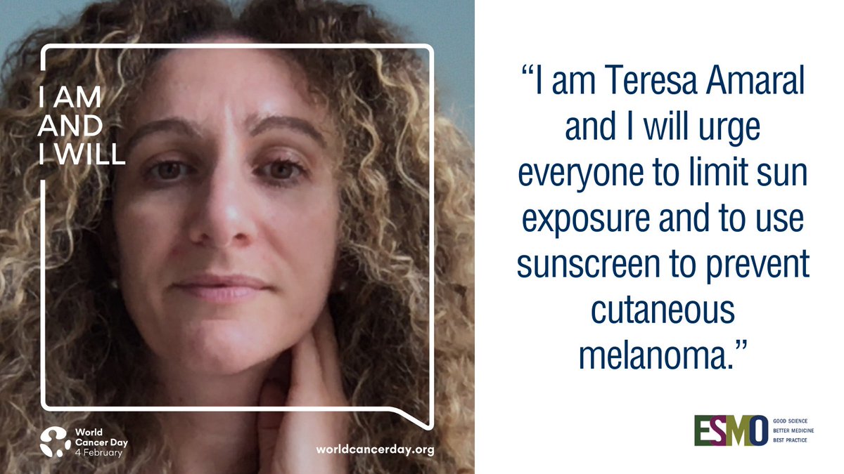 📍 No level of tanning can be considered entirely safe. “I am @TeresaSAmaral and I will urge everyone to limit sun exposure and to use sunscreen to prevent cutaneous #melanoma.” 👉#ESMOSupportsWCD: ow.ly/IEbT50DhrN1 #melsm #WorldCancerDay #IAmAndIWill @uicc