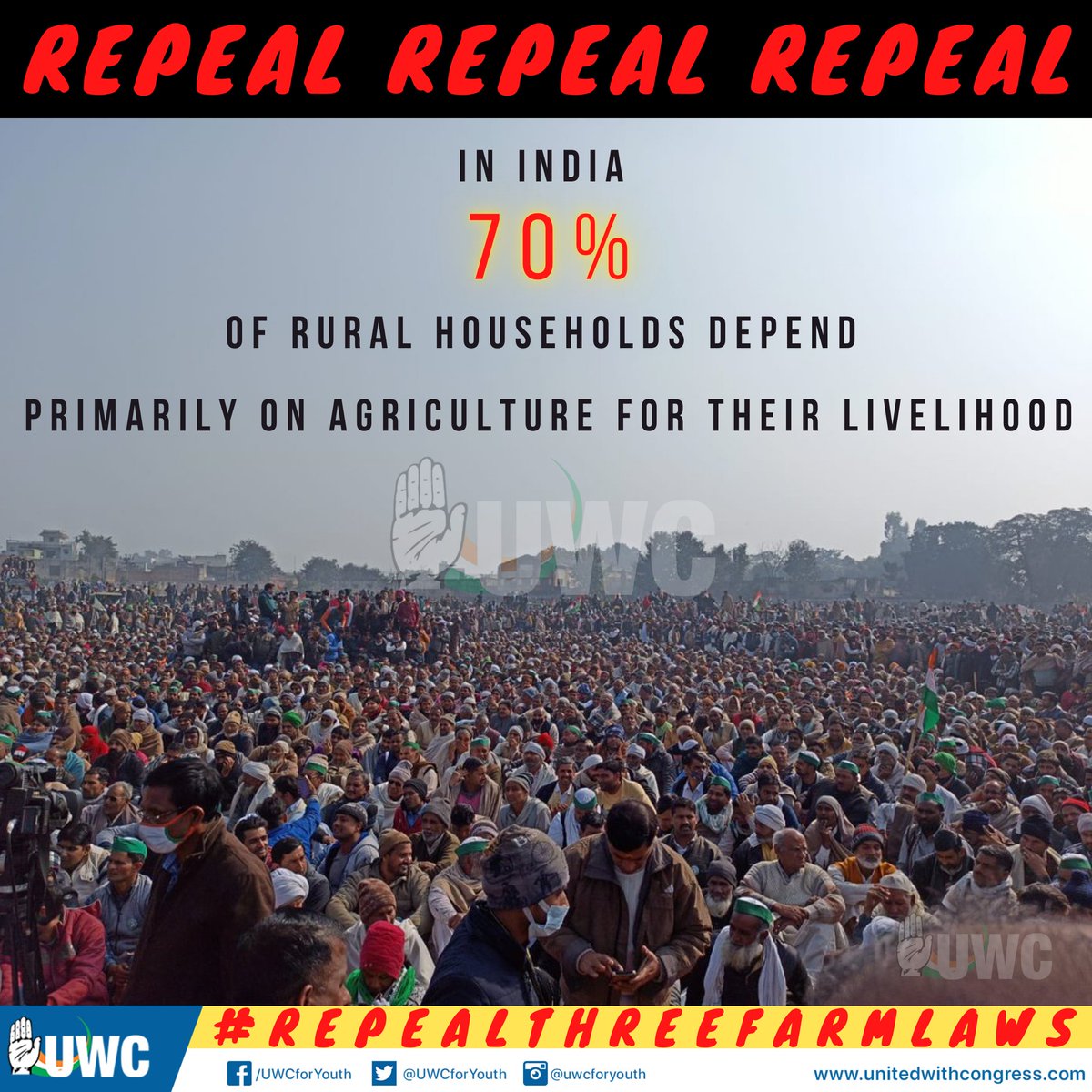 Repeal Repeal Repeal

PMO, Why can’t you just listen !!!! WHY?

Don’t you know, in India  70 % OF RURAL HOUSEHOLDS DEPEND 
PRIMARILY ON AGRICULTURE FOR THEIR LIVELIHOOD.

#RepealThreeFarmlaws
#FarmersProtest 
#FarmersAreNotTerrorists 
#RepealThreeFarmActs 
#repeal3laws