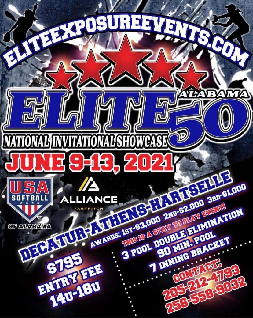EExposureEvents's tweet photo. Elite 50 National 2021 Showcase
6/9-6/13 2021
Decatur, Athens, &amp; Hartselle AL
22 Total Fields
3 Pool / Double Elimination Bracket
Pool 90 Min / Bracket 7 Innings
14U-18U
Awards to 1st, 2nd, 3rd

https://t.co/NVYjJBkIo4 https://t.co/IatYCqTd0l