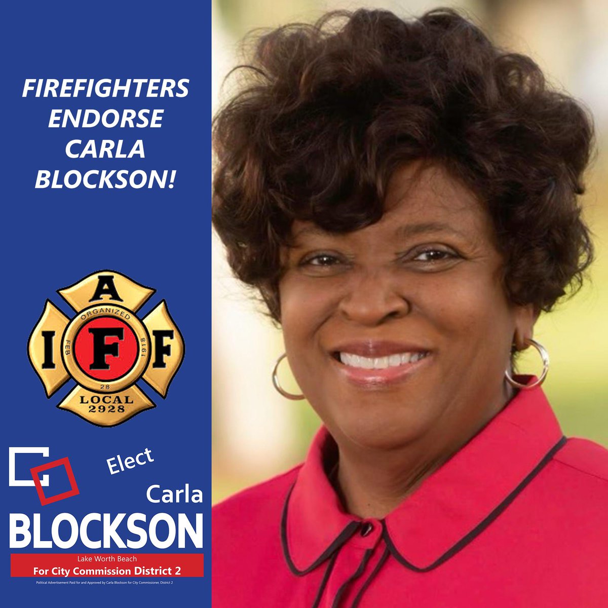 CarlaBlockson's tweet photo. Grateful for the Palm Beach County Fire Rescue’s Endorsement! Given my husband’s tenure at @PBCFR, I know their commitment to safety and service well. I appreciate their support! https://t.co/XYr8eAoe0m