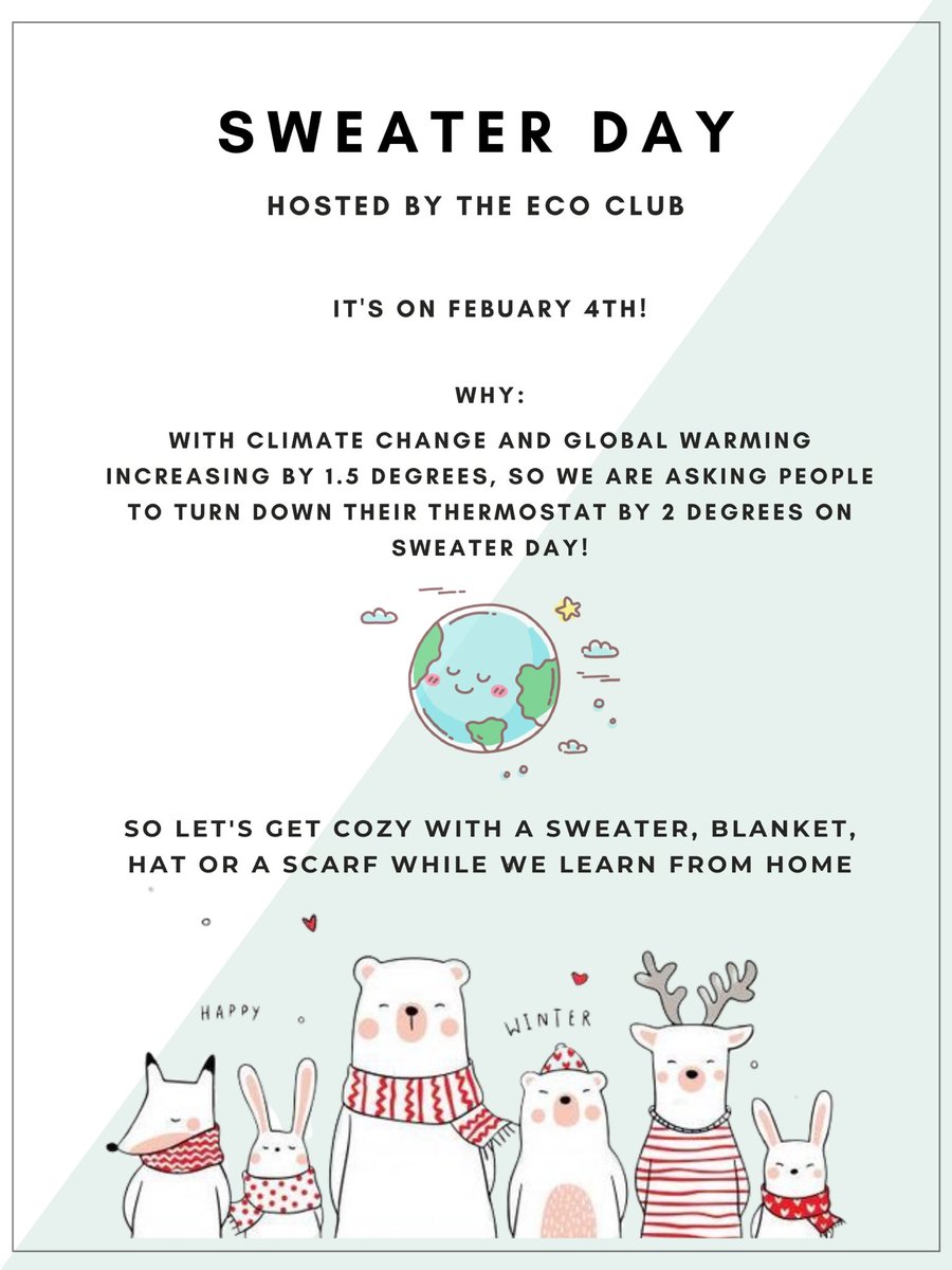 <a href="/WhaleysEco/">Whaley's Corners Eco</a> met virtually this week to plan #SweaterDay - turn your heat down and dress cozy on Feb 4! Thanks N for making this poster!  <a href="/WhaleysCorners/">Whaley's Corners PS</a> <a href="/WWF/">WWF</a>