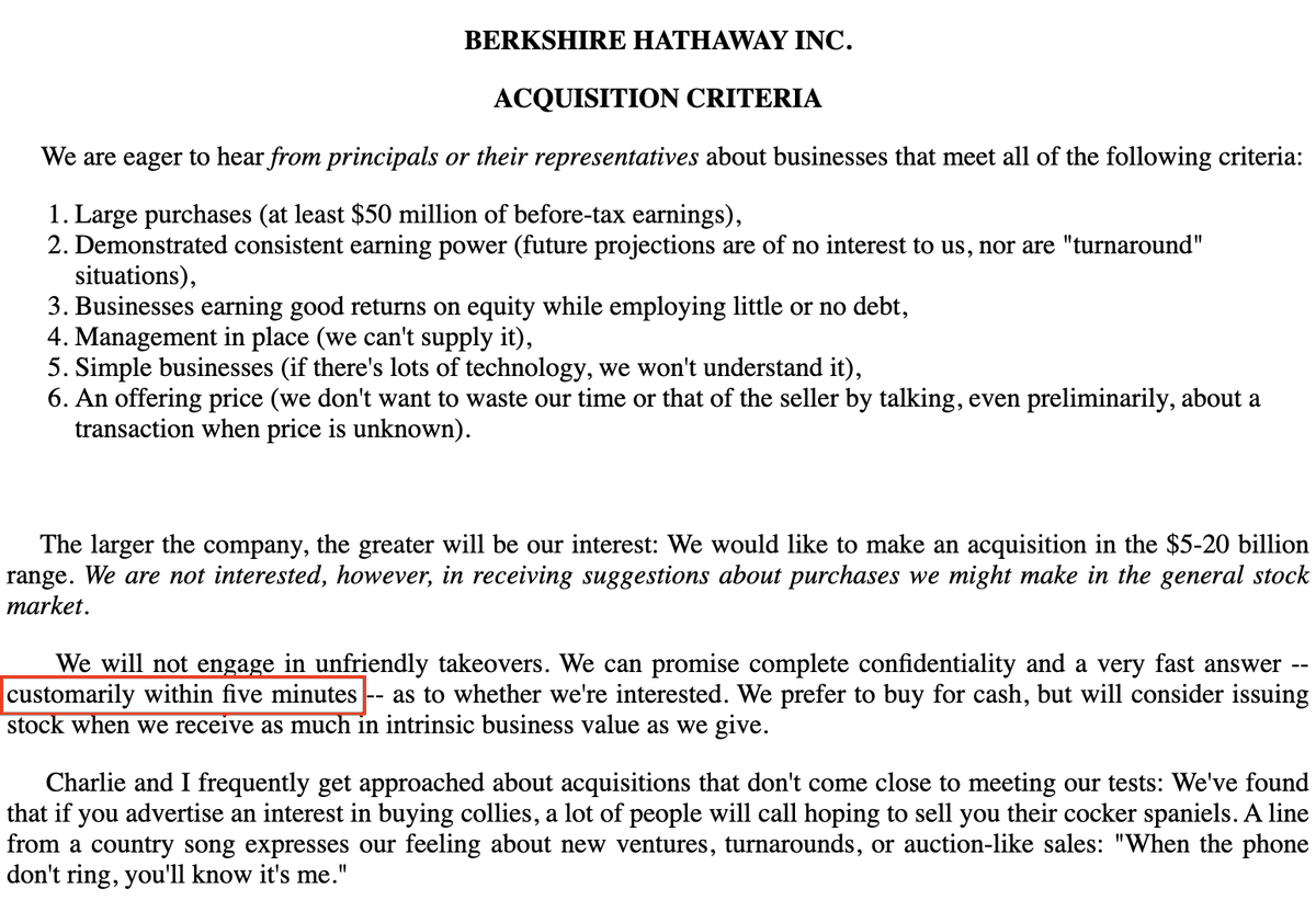 29/ All of this shouldn't take you longer than 5 minutes. Let me show you Berkshire's acquisition criteria.Charlie Munger said people would be shocked if they saw how quickly Buffet makes investment decisions.