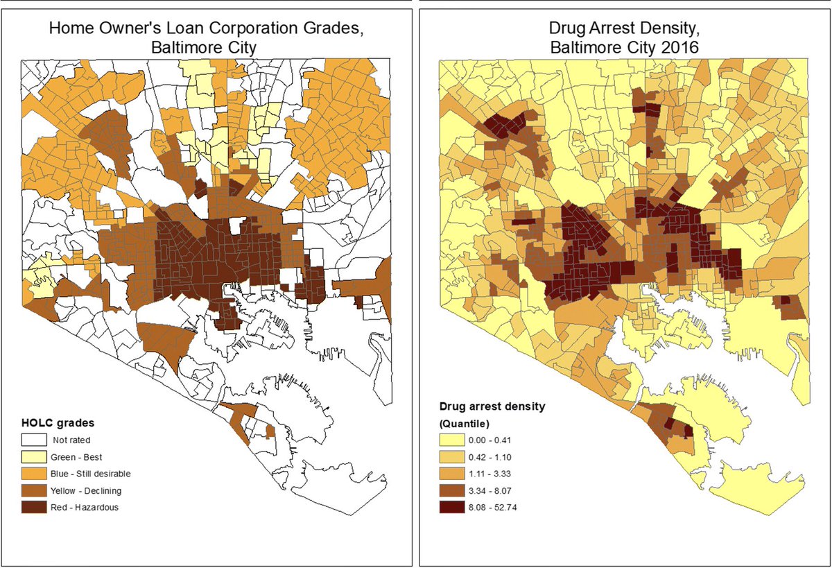 Baltimore redlined areas in 1935 vs Baltimore Drug arrests in 2016
