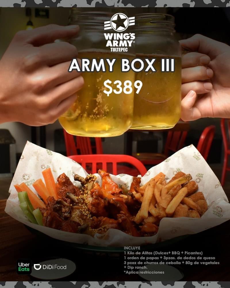 WArmyTultepec's tweet photo. Ven por tu #ArmyBox a #WingsArmyTultepec. Contamos con todas las medidas sanitarias necesarias para que disfrutes de la gran variedad en salsas que tenemos para ti y elige tu Army Box favorito.
¡Te esperamos! WhatsApp ✅✅ 77 31304858 #UberEats #DidiFood
*Aplica Restricciones https://t.co/JV1jHPVuZd