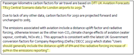 Emissions for domestic aviation is stated to be derived from London airport data in the DfT report. However the only data shown is for short and long haul seat-km. It appears HS2 calculated an average for all flights while acknowledging Defra publish guidance on domestic flights.