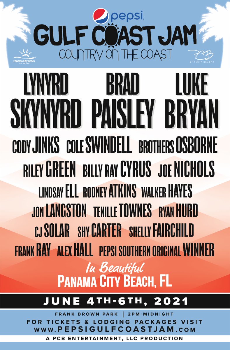 30ATV Update 2020 Pepsi Gulf Coast Jam Moves to June 4-6, 2021 READ MORE https://t.co/waCJMqgWCA , Luke Bryan, Brad Paisley, Lynyrd Skynyrd Still Headlining Rescheduled Festival
The 2020 Pepsi Gulf Coast Jam is moving to June 4-6,... - #news #florida #30a #destin https://t.co/GFCYP8UmQV