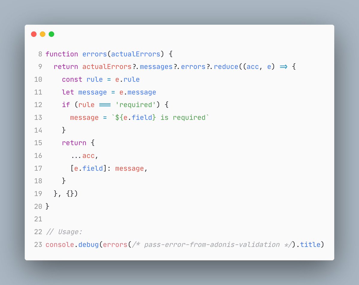 ashokgelal's tweet image. The validation error returned by @adonisframework is pretty rich but sometimes you just need a quick way to display an error on your form for a particular field. Here is one way to do it:
#adonisjs