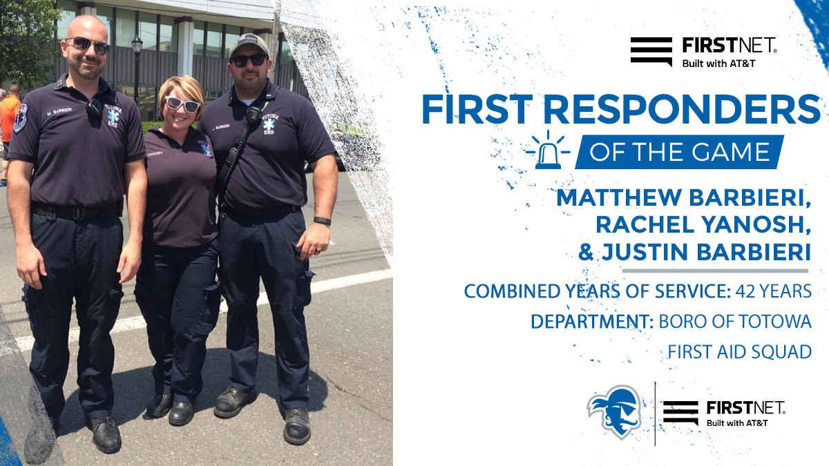 Our First Responders of the Game are dedicated EMS volunteers &amp; siblings, Matthew &amp; Justin Barbieri &amp; their sister Rachel Yanosh.

Together they have over 42 years of combined service with the Totowa First Aid Squad, providing quality care to Totowa residents. #ThankYou <a href="/FirstNet/">FirstNet, Built with AT&T</a>