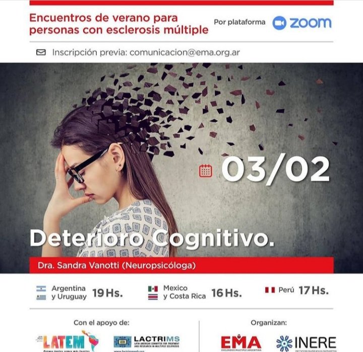 EMA_Argentina_'s tweet image. 🐞 "Encuentros de verano para personas con EM". Éste miércoles 3/2 primera actividad junto a la gente de #Inere . Tema: deterioro cognitivo. Estas actividades son durante todo el mes de Febrero y pueden participar residentes de Argentina y de Latinoamérica.
#EMA #EM #vivirconEM