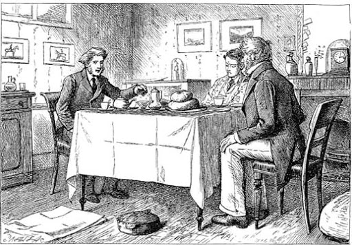 Generally, in Dickens's fiction, tea-time is a chance for good characters to feed and solace others. Young John (above), Flora, and Herbert Pocket insist that depressed or stressed characters like Arthur Clennam, Little Dorrit, and Joe Gargery participate in the cheering ritual