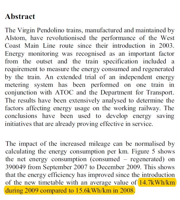 Shift from classic rail to HS2 also should be considered.HS2 use the AGV with 24.65 kWh/km energy use as a reference train. At 300km/h this is 7% lower (23 kWh), but Alstom reported AGV energy use of 15.5 kWh at 320km/h, similar to a 200km/h Pendolino today. Why the difference?