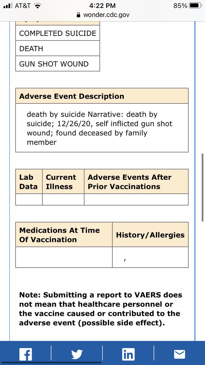 2/ The reason I do now: The VAERS reports contain two suicide reports, both very shortly after vaccination. Female suicide by firearm is rare - it happens, but it’s rare. You can judge the causation in the second case for yourself...