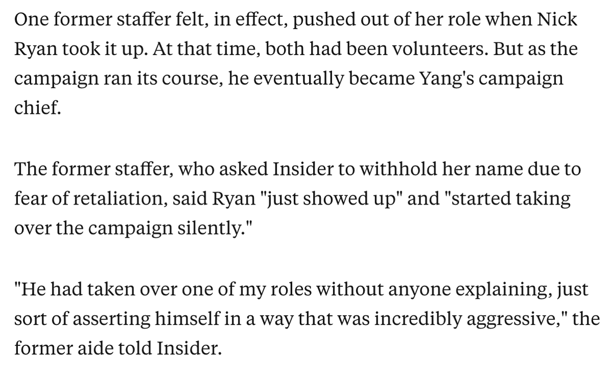 Another former staffer felt that Clark "wasn't the root of the problem, but he was a symptom." Anecdotes and documents from Yang's former aides, volunteers, and organizers suggested that a number of episodes arose in which women felt belittled by their male managers.