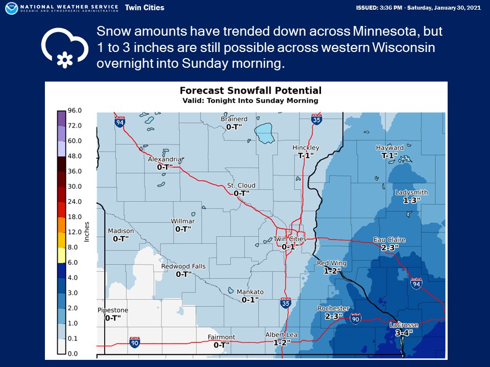 NWSTwinCities's tweet photo. Forecast Snow and Ice accumulations for this evening into Sunday morning have trended down, but we could still see enough to produce some slick roads. Please drive safely #mnwx #wiwx https://t.co/fSDU2bj7LP