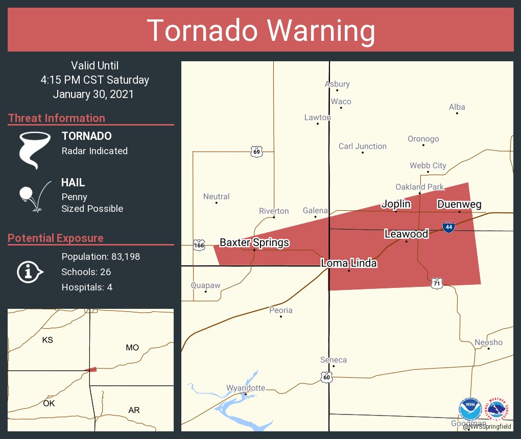 NWStornado's tweet photo. Tornado Warning including Joplin MO, Baxter Springs KS, Duquesne MO until 4:15 PM CST https://t.co/eevNpZ9D9N