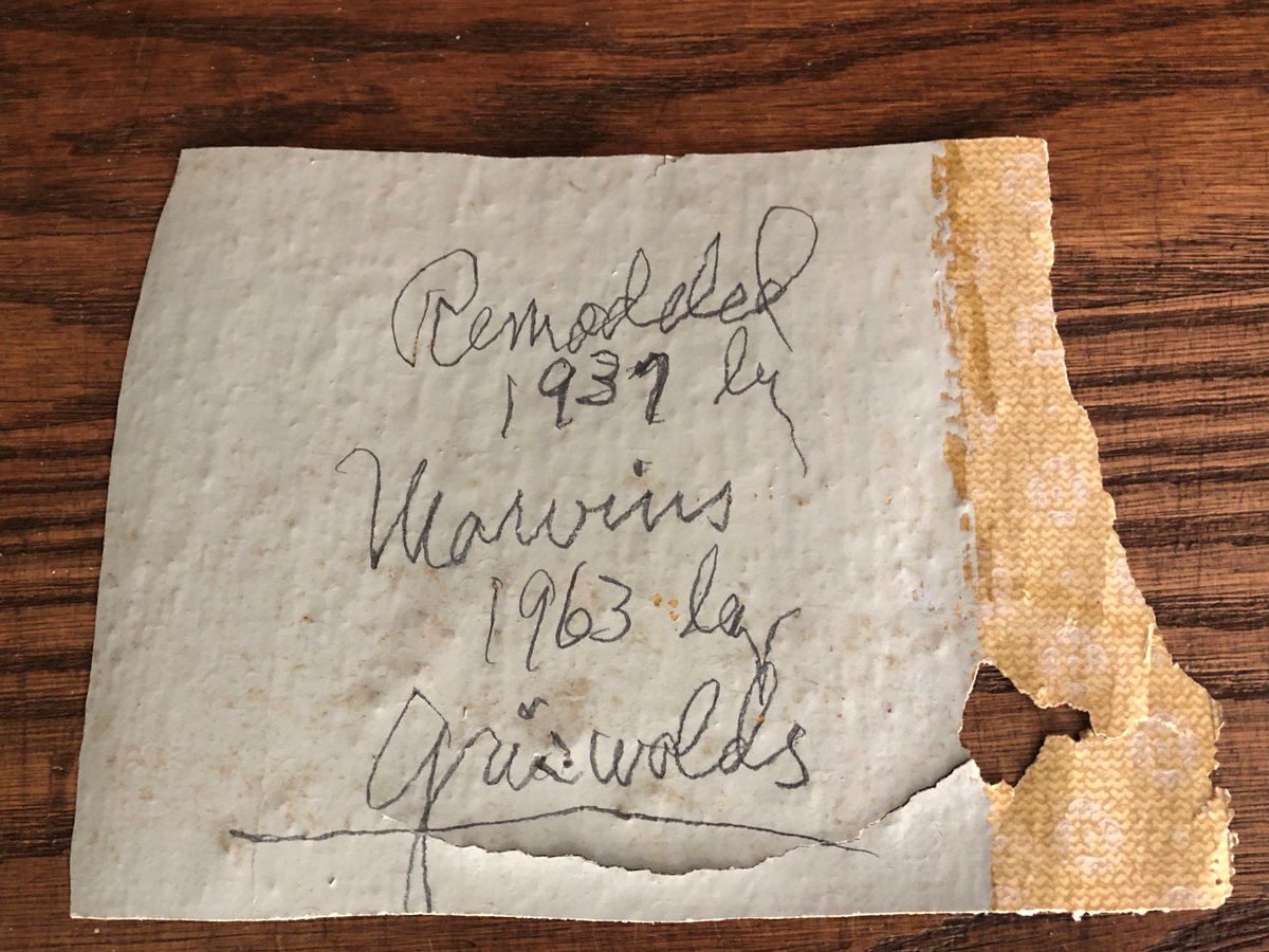 StilesHouse's tweet photo. Note found when renovating a 2nd floor bathroom (Remodeled 1939 by Marvins 1963 by Griswolds).  Other pics show before/after. https://t.co/RdxQBMNjjK