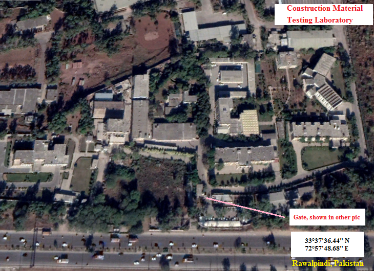 ++AddressCIVIL WORKS ORGANIZATION (CWO)Construction Materials Lab, PO Box 368Opposite EME, RawalpindiCollege Golra MoreRawalpindi - 46000, Pakistan.Location is a very high security area.GeoLoc: 33°37'33.16"N, 72°57'49.78"EVery unlikely for Construction Material Lab++