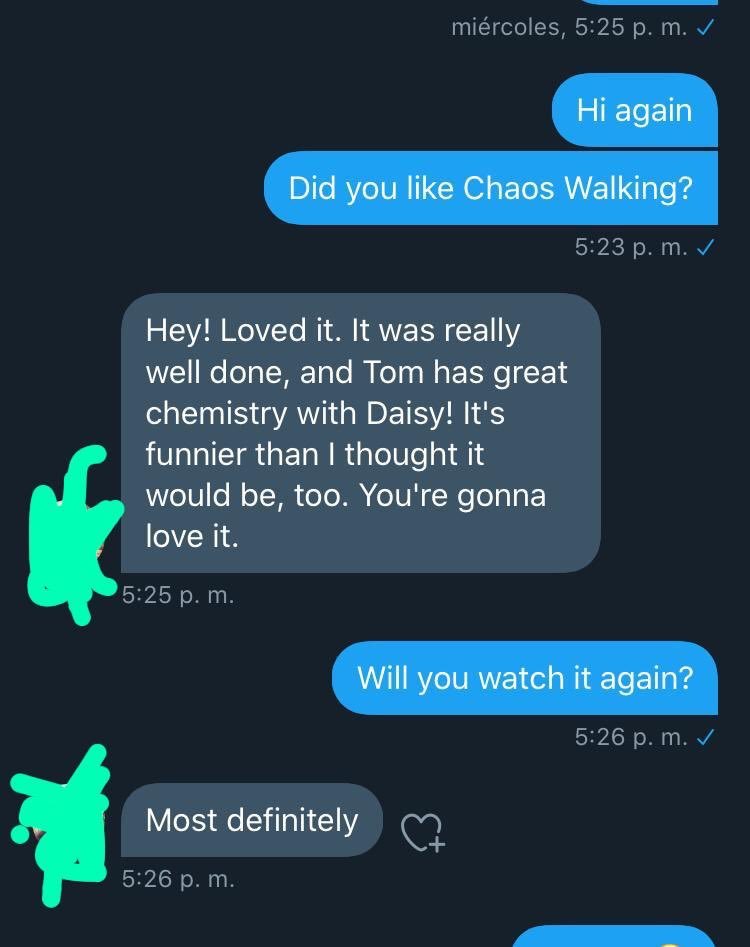 chaaoswalknews's tweet photo. New Chaos Walking early screening reaction. https://t.co/RMSNUd2nYM