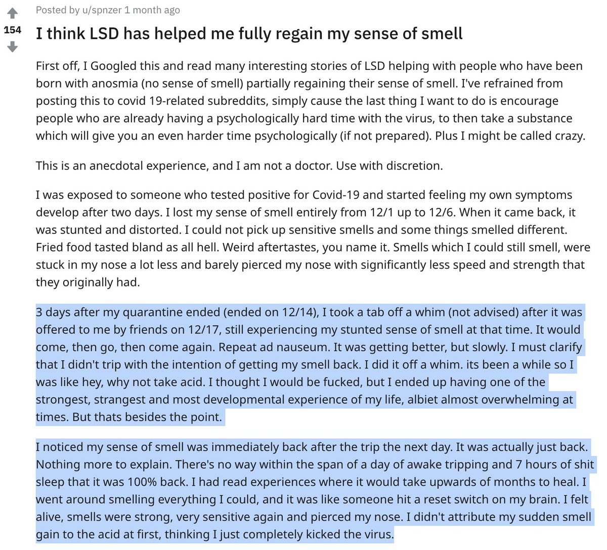 And here is a report of LSD reversing COVID-associated anosmia