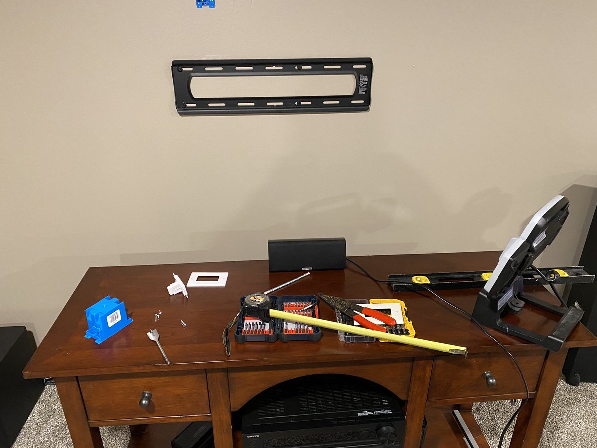 kweb325's tweet photo. Rainy day project! Install a power outlet and HDMI outlet in the wall behind the big screen TV and reroute the wires. #hiddencables https://t.co/VXqAMNvErz