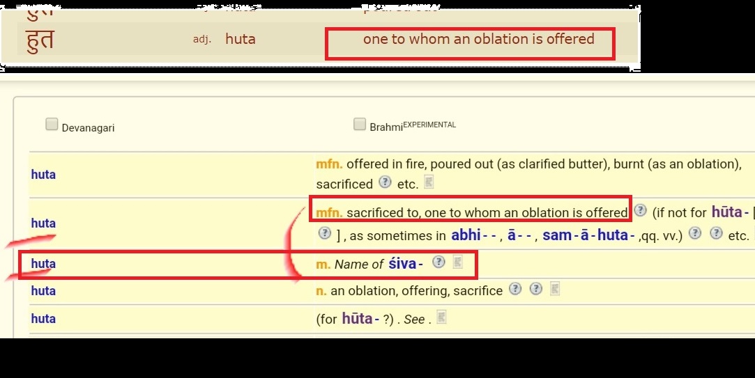 5. हु refers to sacrifice. (जुहु) creates various wordsहुत(Huta) Name of SHIVA / to Whom Sacrifice is Offeredआहुति(Ahuti) the act to giving offering samagri to Yajna Kundजुहोत(g-Huta) The Ritwik/Rishi who gives Offering thru AhutiThis जुहोत (Rishi) was a very imp person