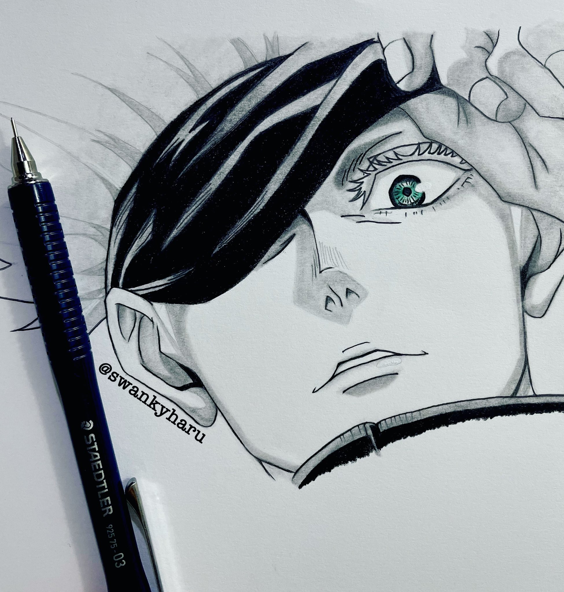 Swanky Haru 模写修行 五条悟を描きました シャーペン画 目と口に色鉛筆と白インク 五条悟 五条先生 呪術廻戦 呪術廻戦イラスト Staedtler ステッドラー ステッドラーでかいてみた Anime Mangaart Art Drawing イラスト Illustration