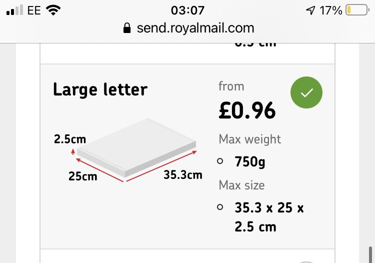 lynzy's tweet photo. @RoyalMailHelp 
I’m trying to send an item with this 96p option, my item is within the sizes and the weight limit of 750g.
Yet, when I enter the accurate weight of 137g, this 96p option disappears.  Is there a glitch on the website or is the stated 750g incorrect? https://t.co/Z5y5MWhlnV