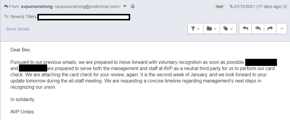 It's the New Year, and we're still pushing for recognition at  @antiviolence. AVP Unites stands in Solidarity with non-profit workers and those dedicated to radical anti-oppression movements everywhere.  #LGBTQ  #UnionStrong | T7 END.