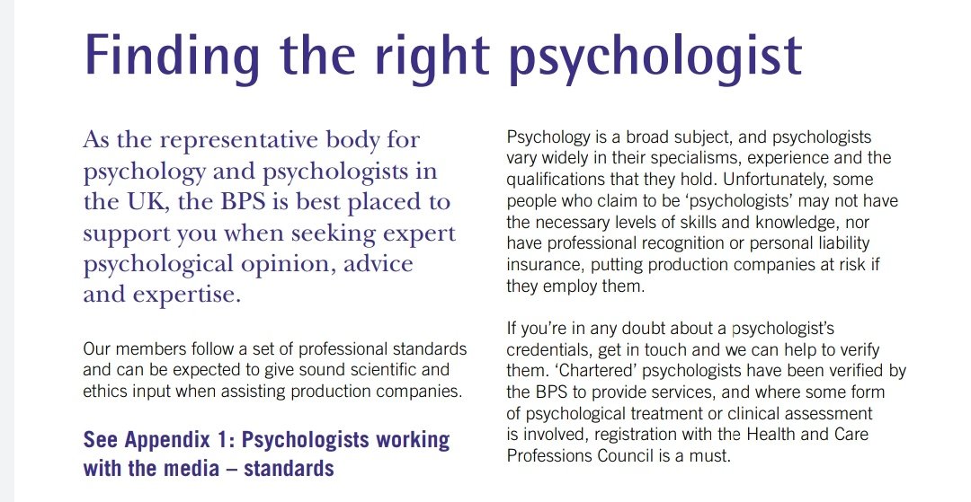  @BPSOfficial has published a document "Psychology and Media Productions:Guidance for commissioners and producers" https://www.bps.org.uk/sites/www.bps.org.uk/files/Policy/Policy%2520-%2520Files/Psychology%2520and%2520Media%2520Productions%2520-%2520Guidance%2520for%2520Commissioners%2520and%2520Producers.pdfExtracts from this: