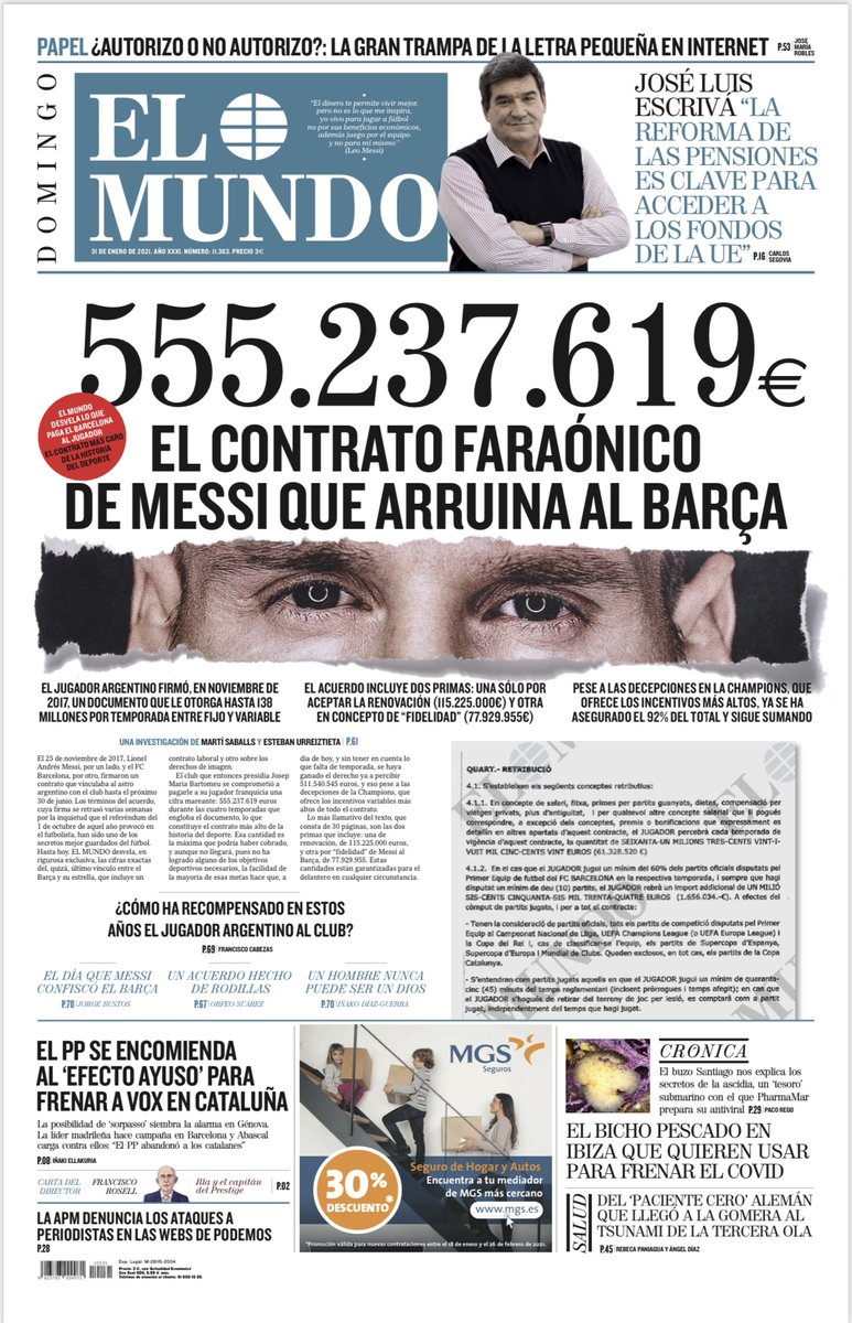 elchiringuitotv's tweet image. 🚨Ojo a la PORTADA de El Mundo🚨

⚠️El CONTRATO FARAÓNICO de MESSI que ARRUINA al BARÇA: 555.237.619 €.

➡️Firmó en 2017 un contrato que le da hasta 138 MILLONES por TEMPORADA.