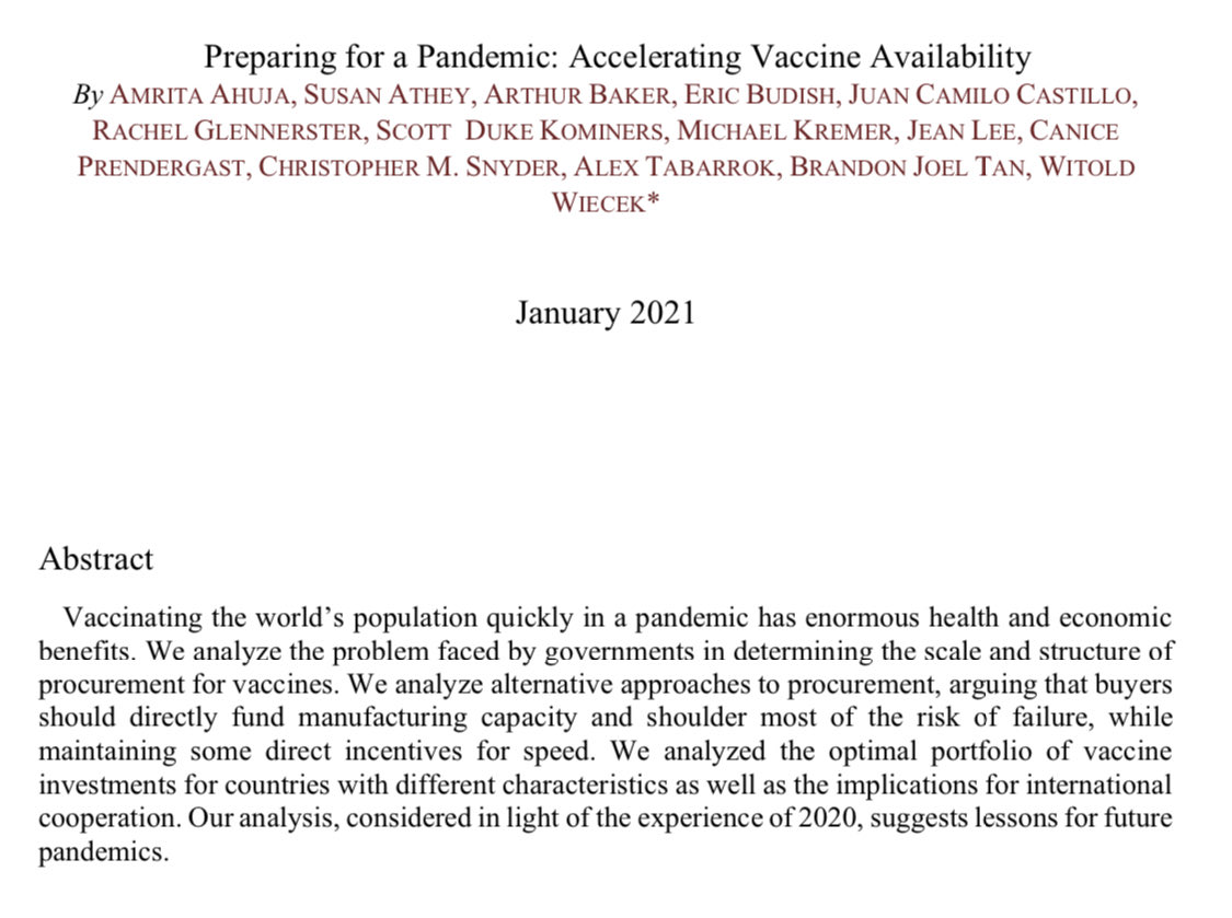 How to accelerate vaccine availability during a pandemic?A new working paper by the experts on that question  https://bfi.uchicago.edu/wp-content/uploads/2021/01/BFI_WP_202108.pdfThe good news: “even at this late stage, investment to expand manufacturing capacity would have large benefits.”