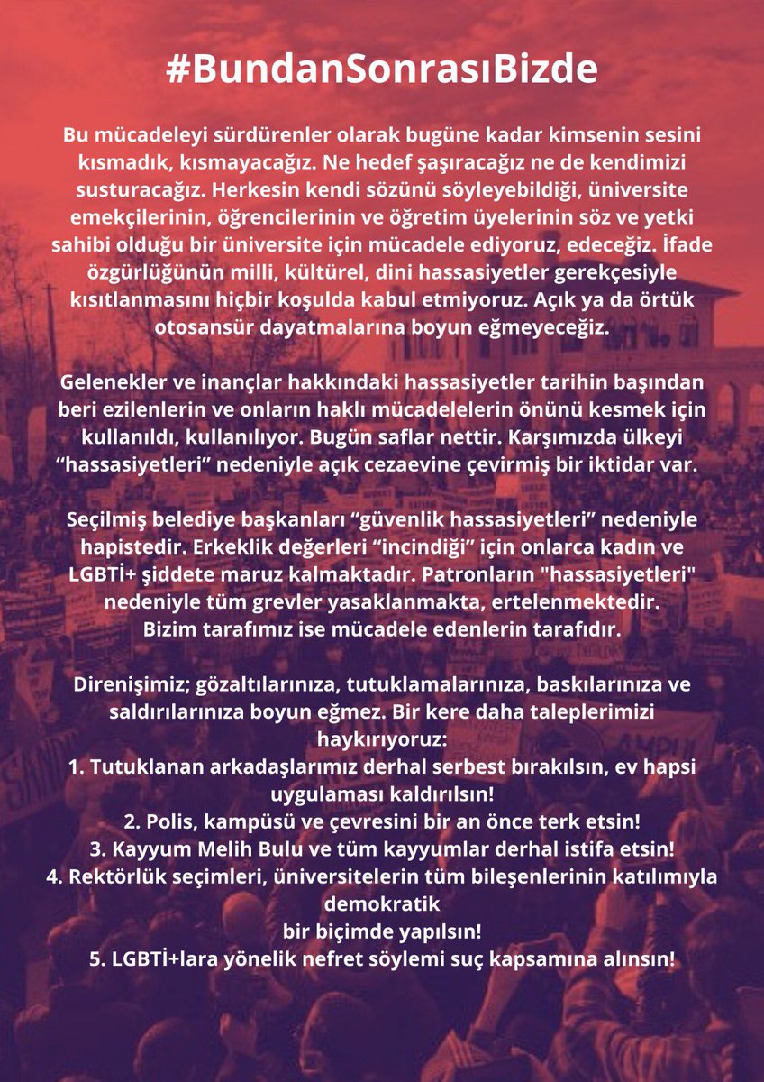 İçişleri Bakanı ve kayyum rektör Melih Bulu'nun hedef göstermesi üzerine yapılan gözaltı ve tutuklamalara karşı açıklamamızdır. Tutuklanan arkadaşlarımızın da dediği gibi #bundansonrasıbizde #ArkadaşlarımızSerbestBırakılsın