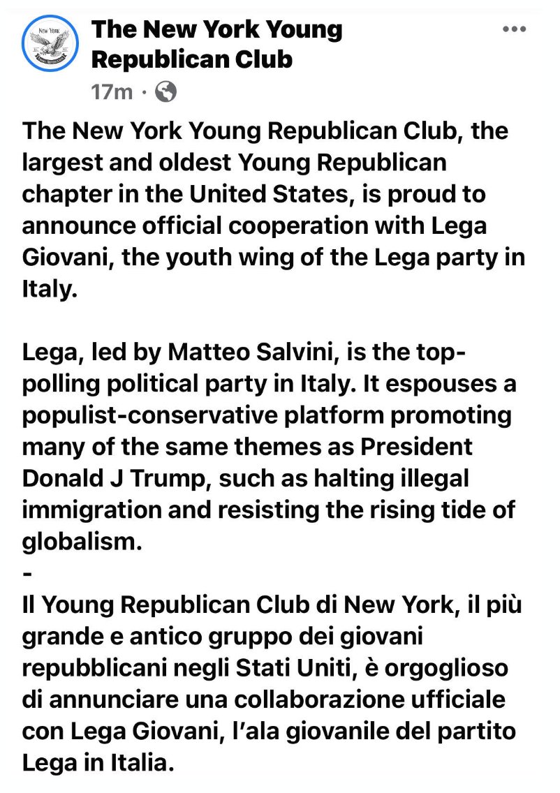 In July 2020, the NYYRC announced "official cooperation" with Lega Giovani, the youth wing of Lega, a Far Right party in Italy. Salvini, the former interior minister, is facing trial for blocking refugees at sea, and is one of the few Euro politicians to work with Bannon.