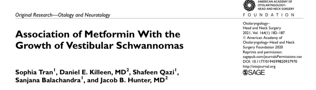 UTSWENT's tweet image. New publication on the positive effects of metformin controlling tumor growth in vestibular schwannomas. #utsw #utswbrain  #anausa @JacobBHunter