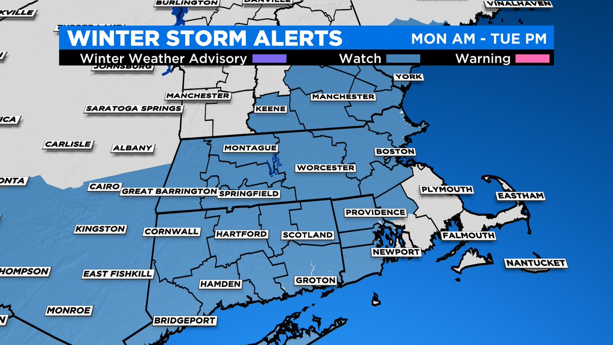 sarahwroblewski's tweet photo. A WINTER STORM WATCH issued for the area shaded in BLUE for Monday into Tuesday. #WBZ https://t.co/OXORZleFHo