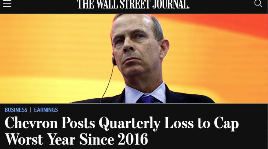 SDonziger's tweet photo. Oil companies that contribute massively to global warming are now suffering huge losses.
@Chevron is in decline. @Exxon already booted from the Dow Index after losing half its value since 2014.
Great news for Planet Earth. https://t.co/vqBvAEEgMC