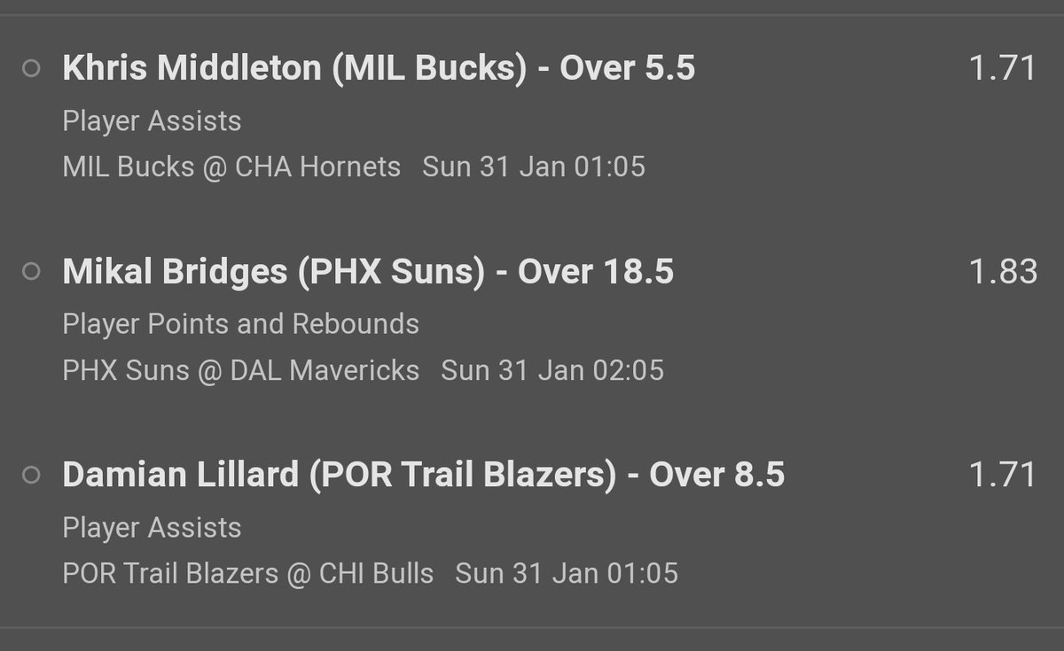 Wiz_nbatips's tweet photo. 3 player props for tonight 👊

Middleton over 5.5 assists @ 1.71
Mikal Bridges Over 18.5 P+R @ 1.83
Lillard over 8.5 assists @ 1.71

1 unit on each as singles
0.25u on the treble @ 5.38

Best of luck! 👊💰

#NBA #nbapicks #playerprop https://t.co/78qqRjcvnj